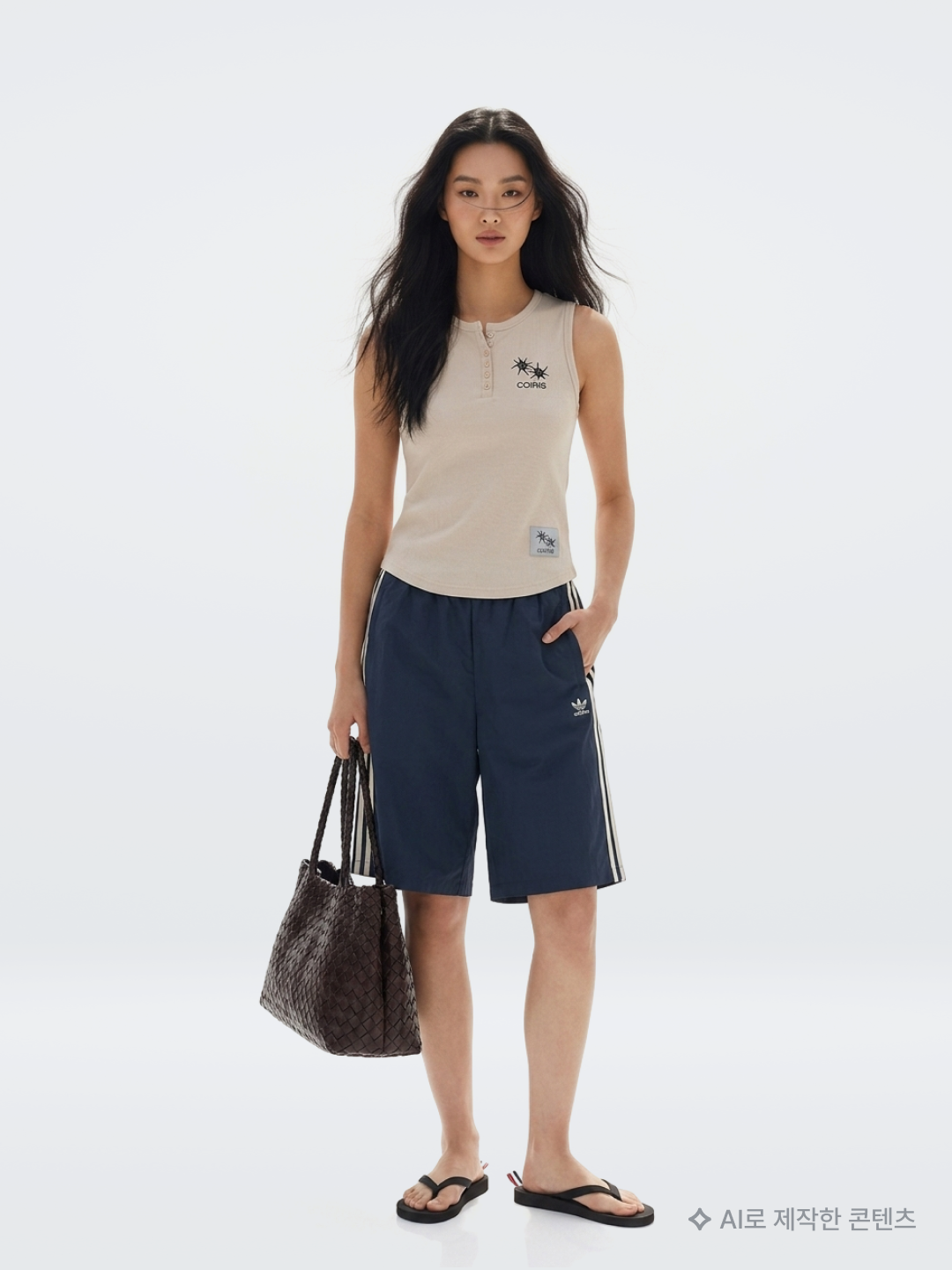 Coiris Arina Button Crop Sleeveless Beige, Adidas Originals Capri Shorts Crew Blue Cream White - KR Sizing 착용 스타일 - 1