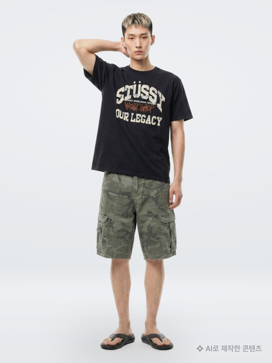 Stussy x Our Legacy Collegiate Pig. Dyed T-Shirt Taupe Overdyed Black, Suade Wide Cargo Shorts Green Camo 착용 스타일 - 2