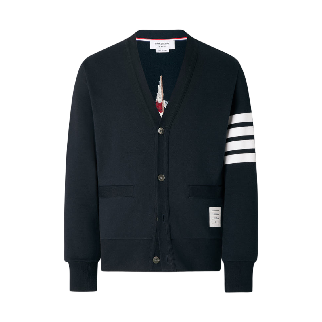 MJT582E-00535-415 Thom Browne Loopback 4-Bar Boat Embroidery Cardigan Navy