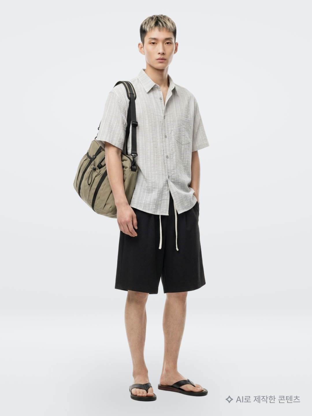 Stussy x Our Legacy Collegiate Pig. Dyed T-Shirt Taupe Overdyed Black, Suade Wide Cargo Shorts Green Camo 착용 스타일 - 5