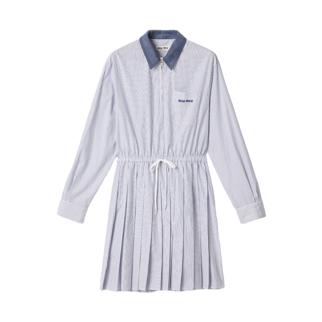 (W) 미우 미우 스트라이프 포플린 드레스 블루 화이트((W) Miu Miu Striped Poplin Dress Blue White) - 1