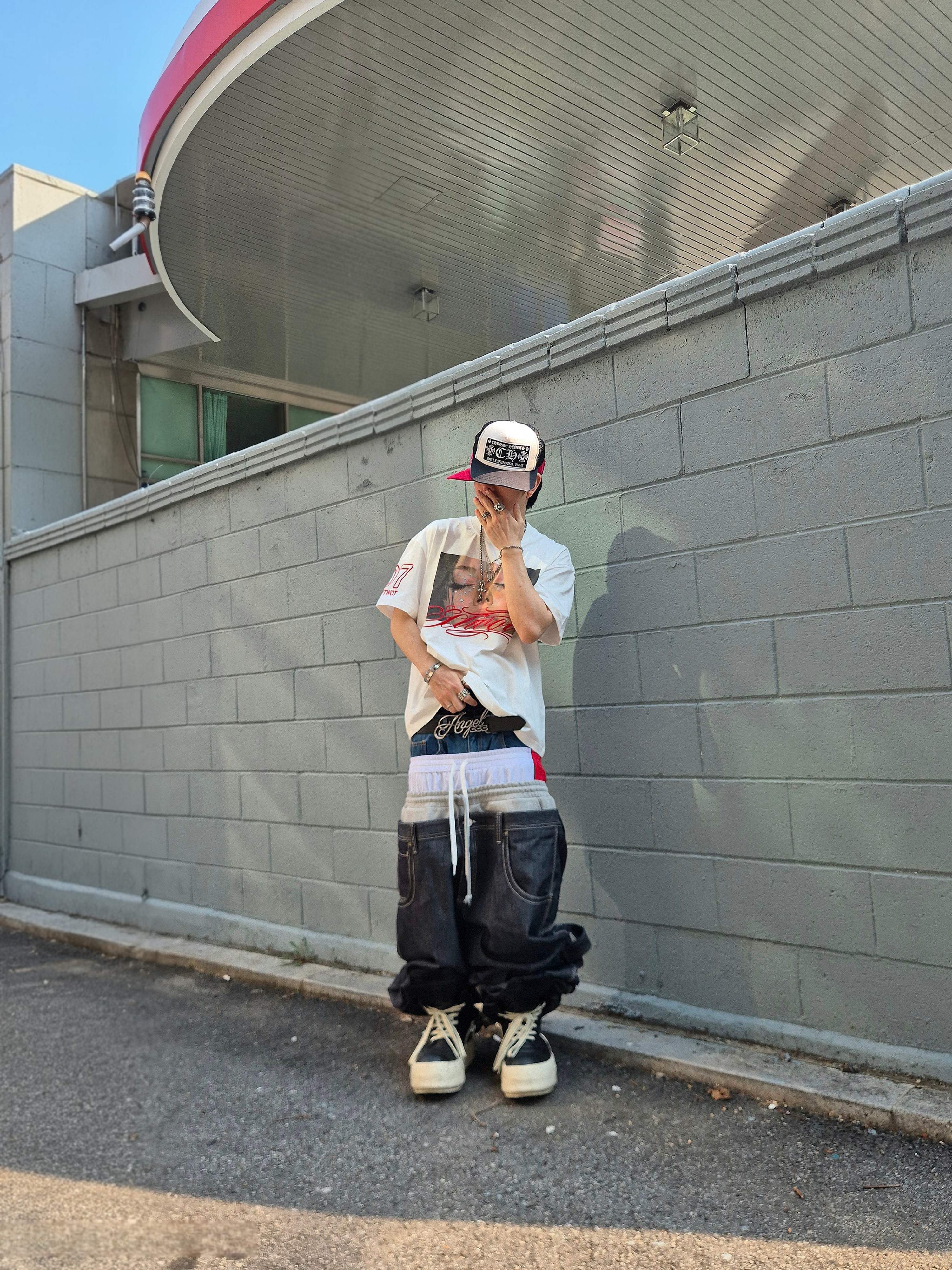 Protocol Index 3 Layered Denim Pants Indigo Blue, Rick Owens Mega Bumper Geobasket Black Milk 착용 스타일 - 3