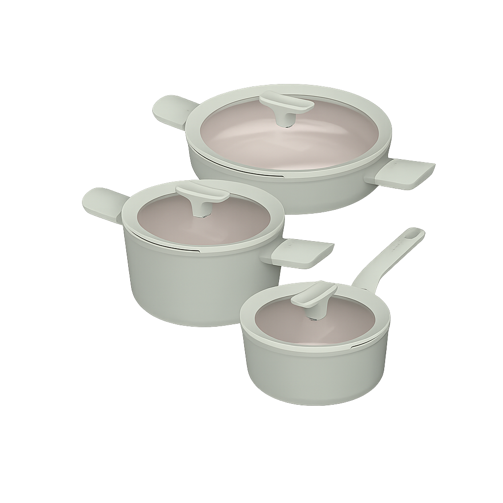 베르그호프 레오 밸런스 세라믹 냄비3종세트 편수18cm+양수20cm+전골26cm (세이지)(BergHOFF Leo Balance Ceramic Pot 3‑Piece Set — Saucepan 18cm + Casserole 20cm + Shallow Pot 26cm (Sage))