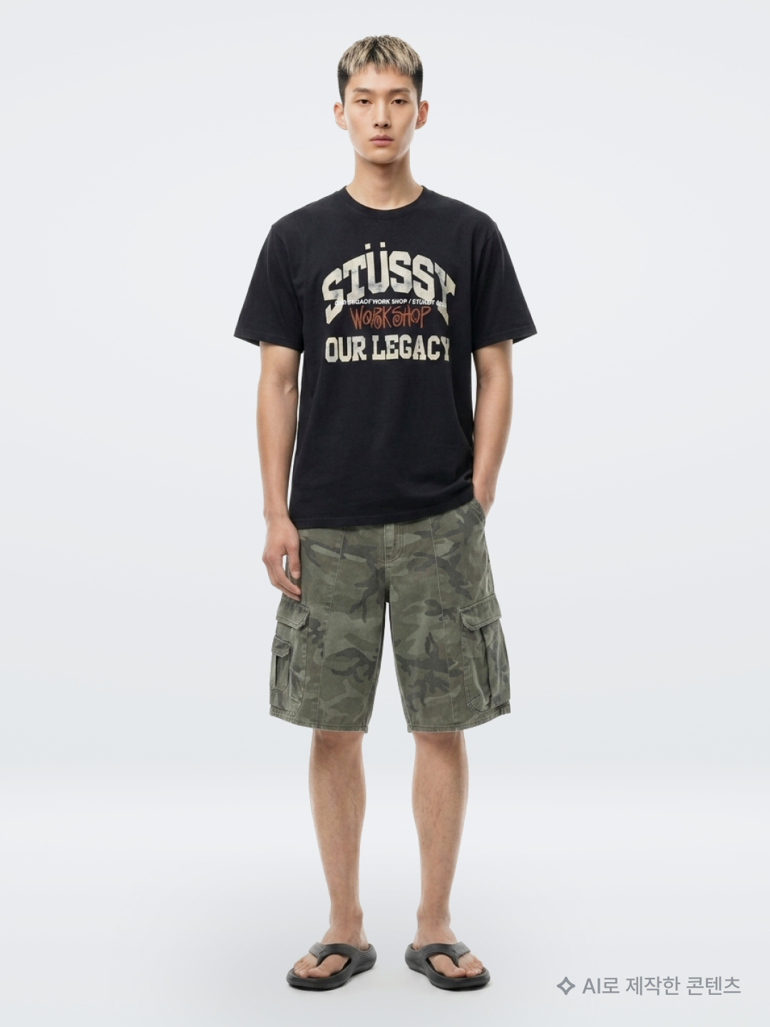 Stussy x Our Legacy Collegiate Pig. Dyed T-Shirt Taupe Overdyed Black, Suade Wide Cargo Shorts Green Camo 착용 스타일 - 1