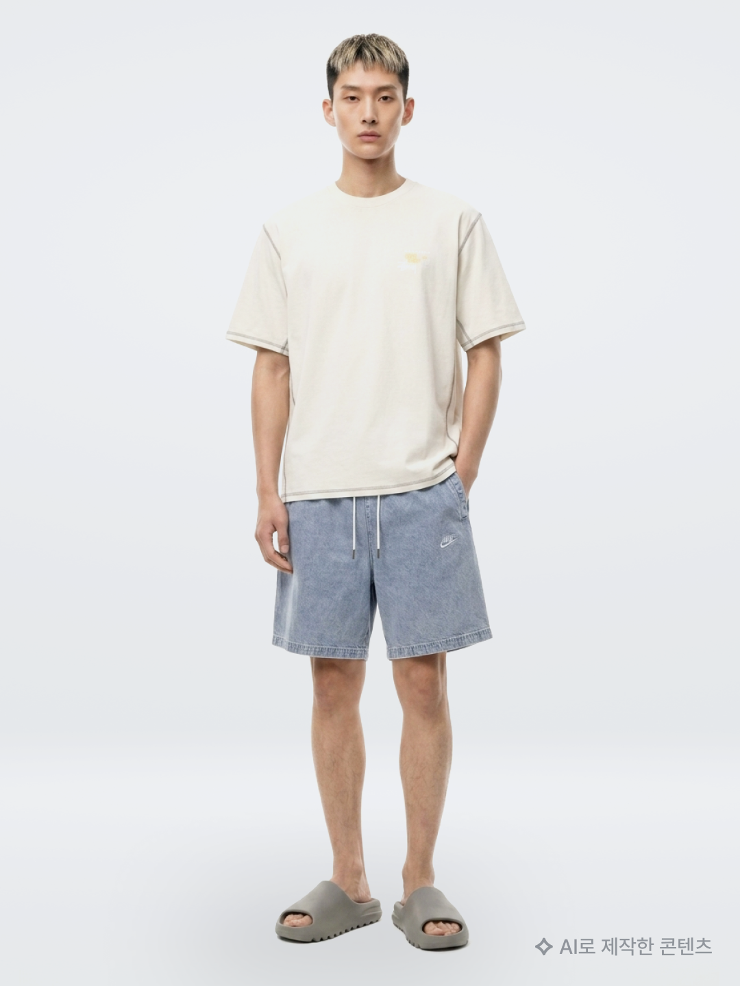 Stussy x Our Legacy Collegiate Pig. Dyed T-Shirt Taupe Overdyed Black, Suade Wide Cargo Shorts Green Camo 착용 스타일 - 7