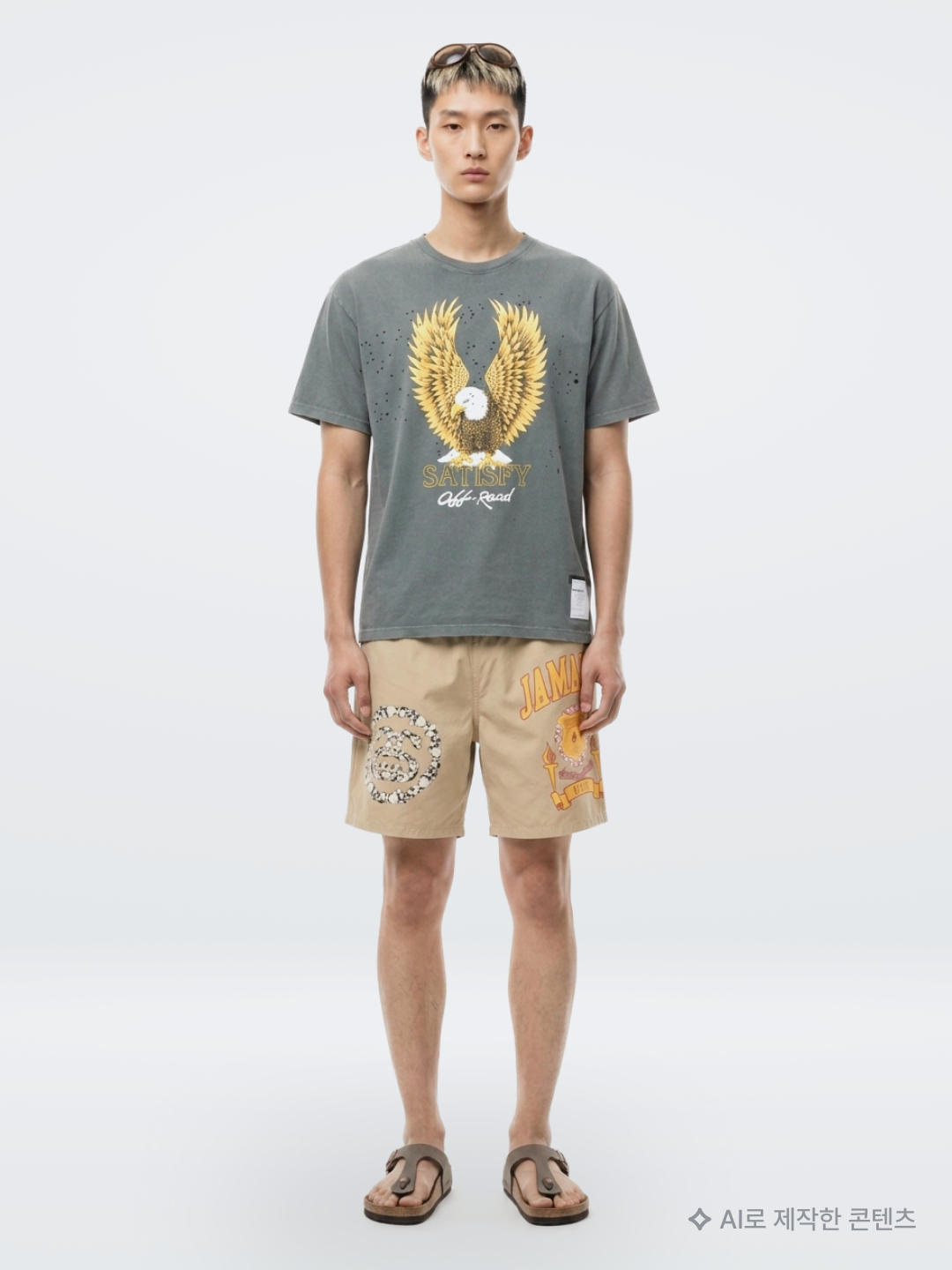 Stussy x Our Legacy Collegiate Pig. Dyed T-Shirt Taupe Overdyed Black, Suade Wide Cargo Shorts Green Camo 착용 스타일 - 10