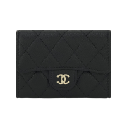 Chanel Classic Flap Zipped Card Holder Grained Shiny Calfskin & Gold Metal Black