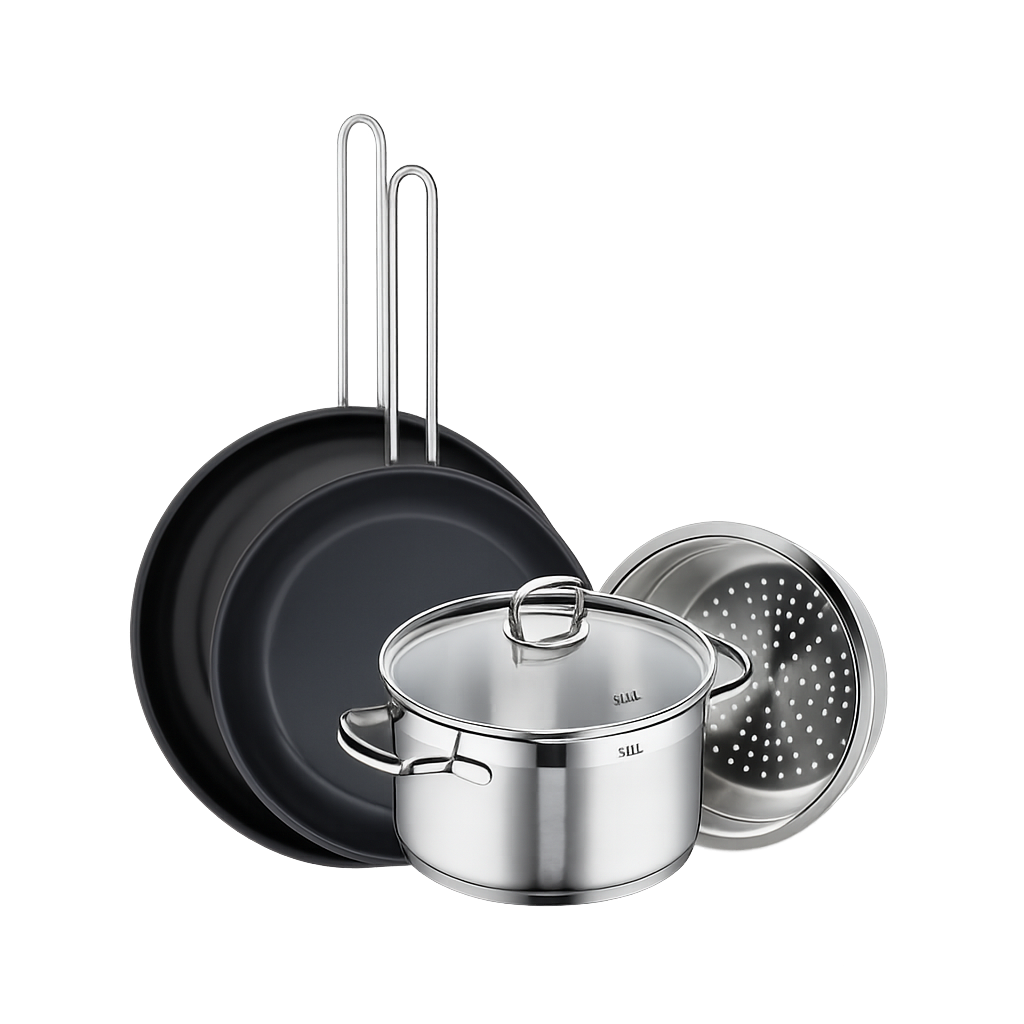 실리트 실리썸 롬바르디아 스텐냄비후라이팬 3종+찜기 (20H+찜기+24,28FP)(Silit Silissome Lombardia Stainless Steel Pot & Frying Pan 3‑Piece Set + Steamer (20cm High Pot + Steamer + 24cm & 28cm Frying Pans))
