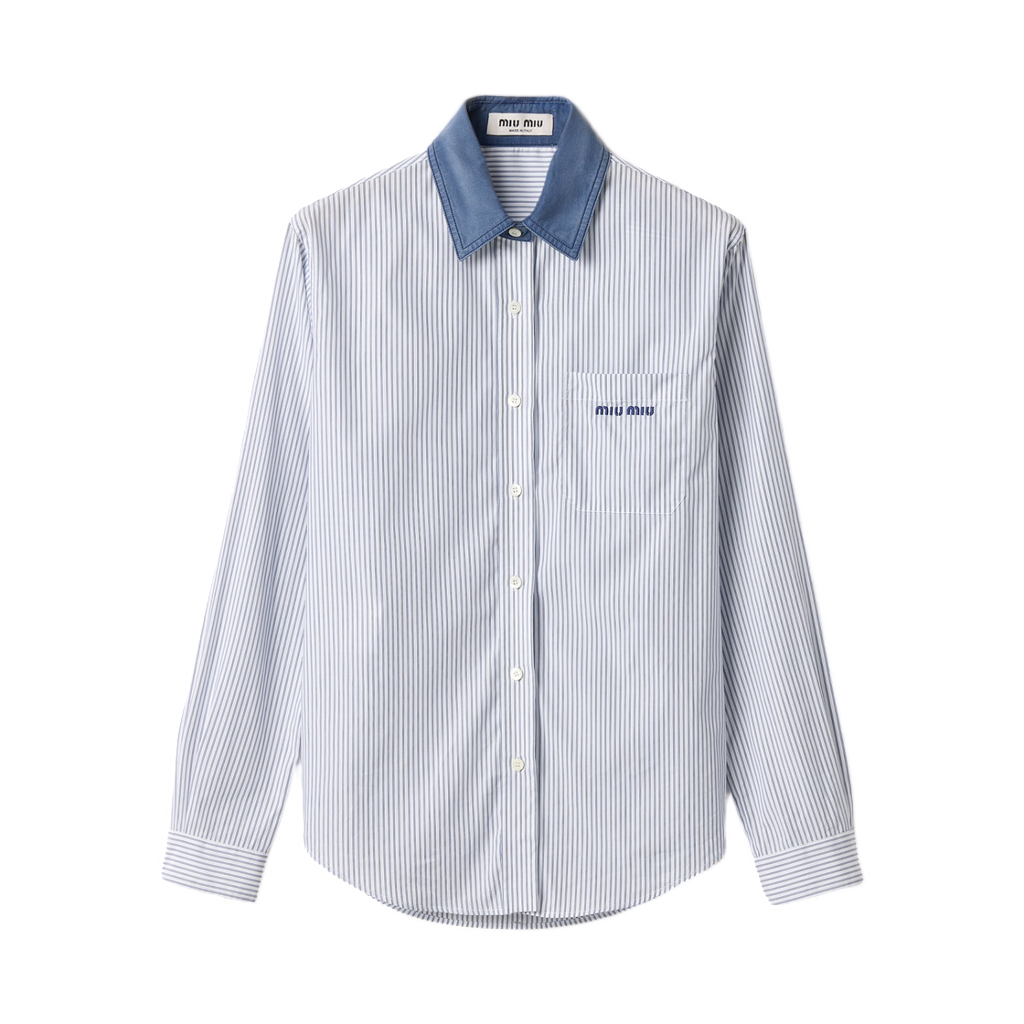 (W) 미우 미우 스트라이프 포플린 셔츠 블루 화이트((W) Miu Miu Striped Poplin Shirt Blue White) - 1