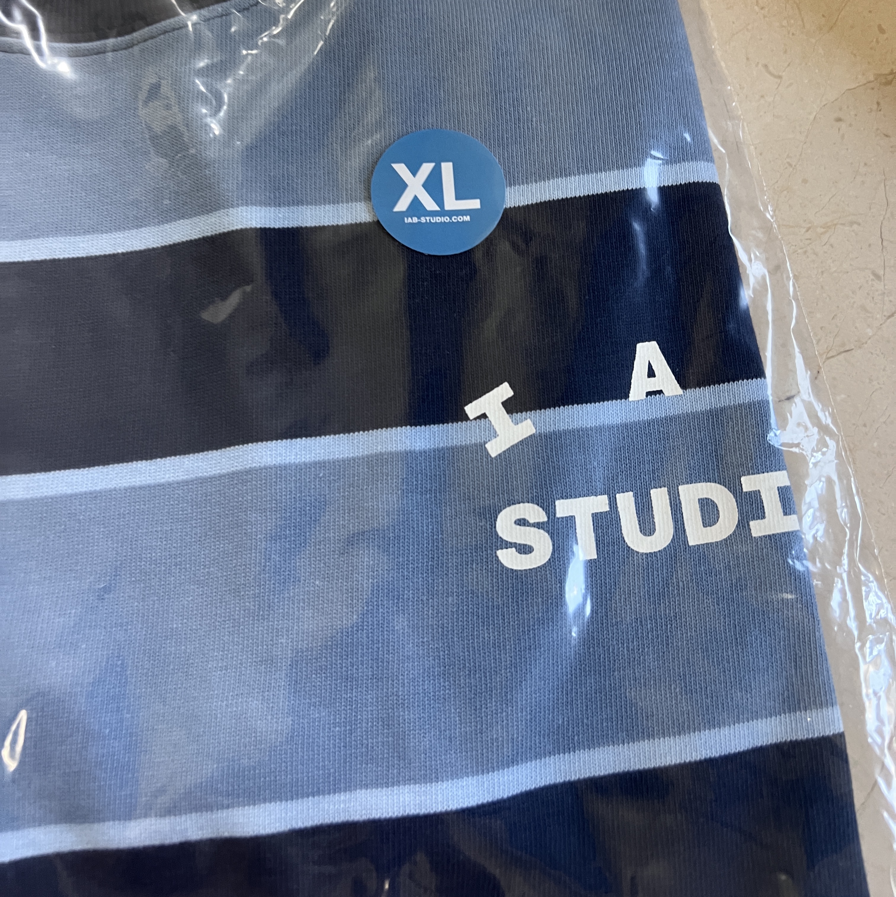 IAB Studio Striped T-Shirt Blue White 착용 스타일
