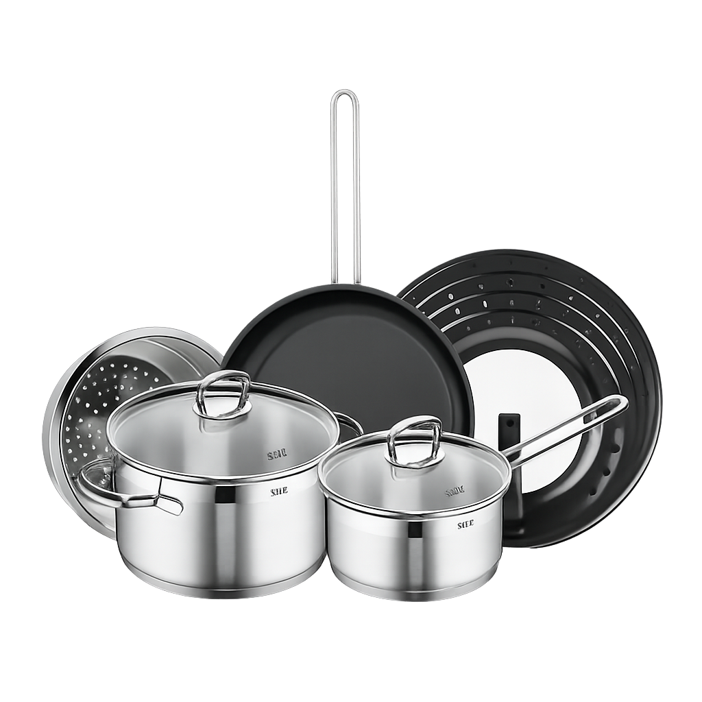 SILIT020 Silit Silissome Lombardia Stainless Steel Pot & Frying Pan 3‑Piece Set + Steamer + Splatter Guard