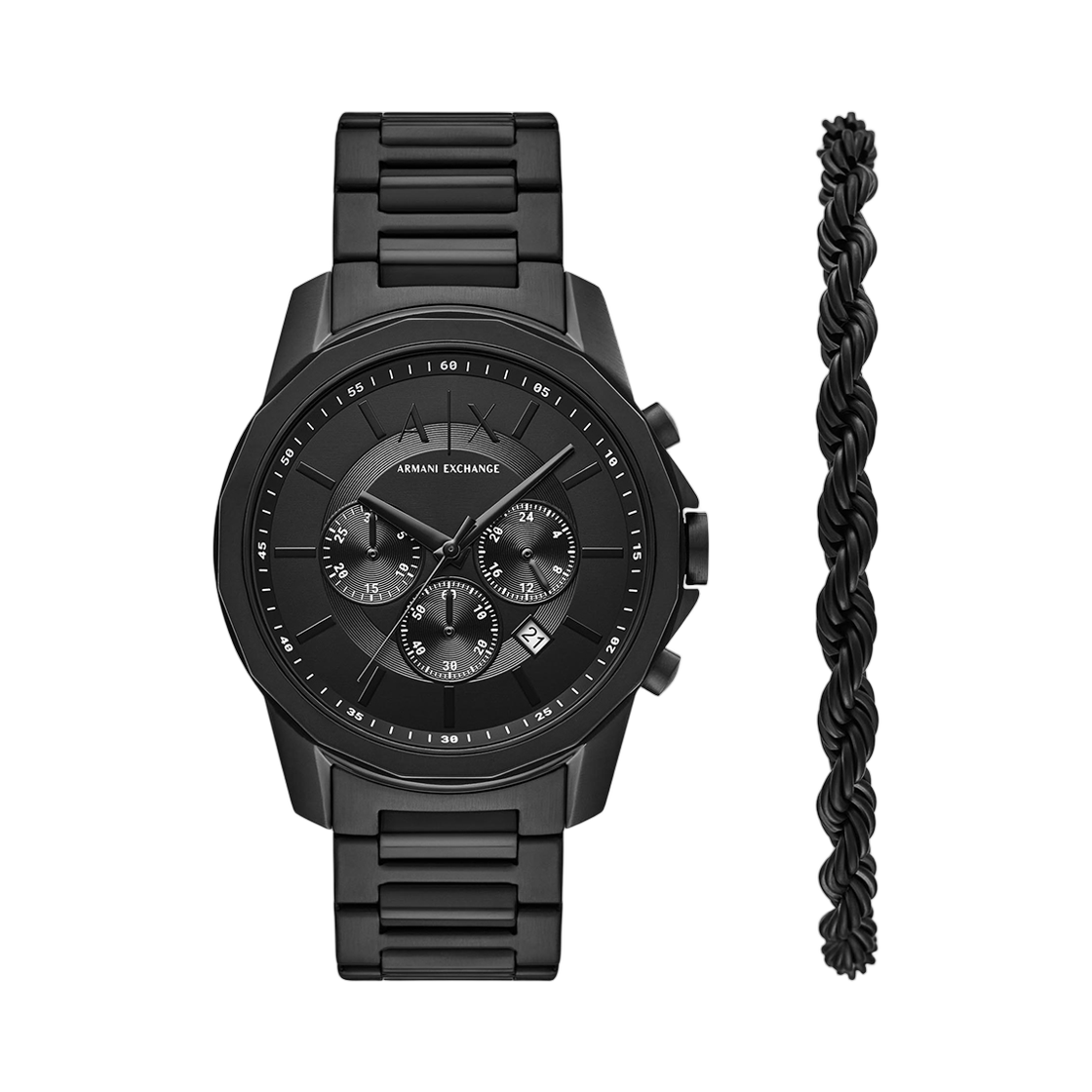 아르마니 익스체인지 아우터뱅크스 크로노그래프 44mm 팔찌 세트 블랙 블랙(Armani Exchange Outerbanks Chronograph 44mm Bracelet Set Black Black)