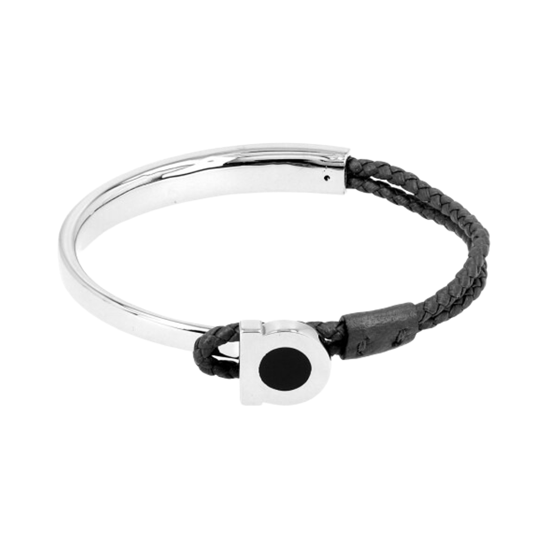 770401-791263 Ferragamo Gancini Semi Braided Leather Bracelet Silver Black