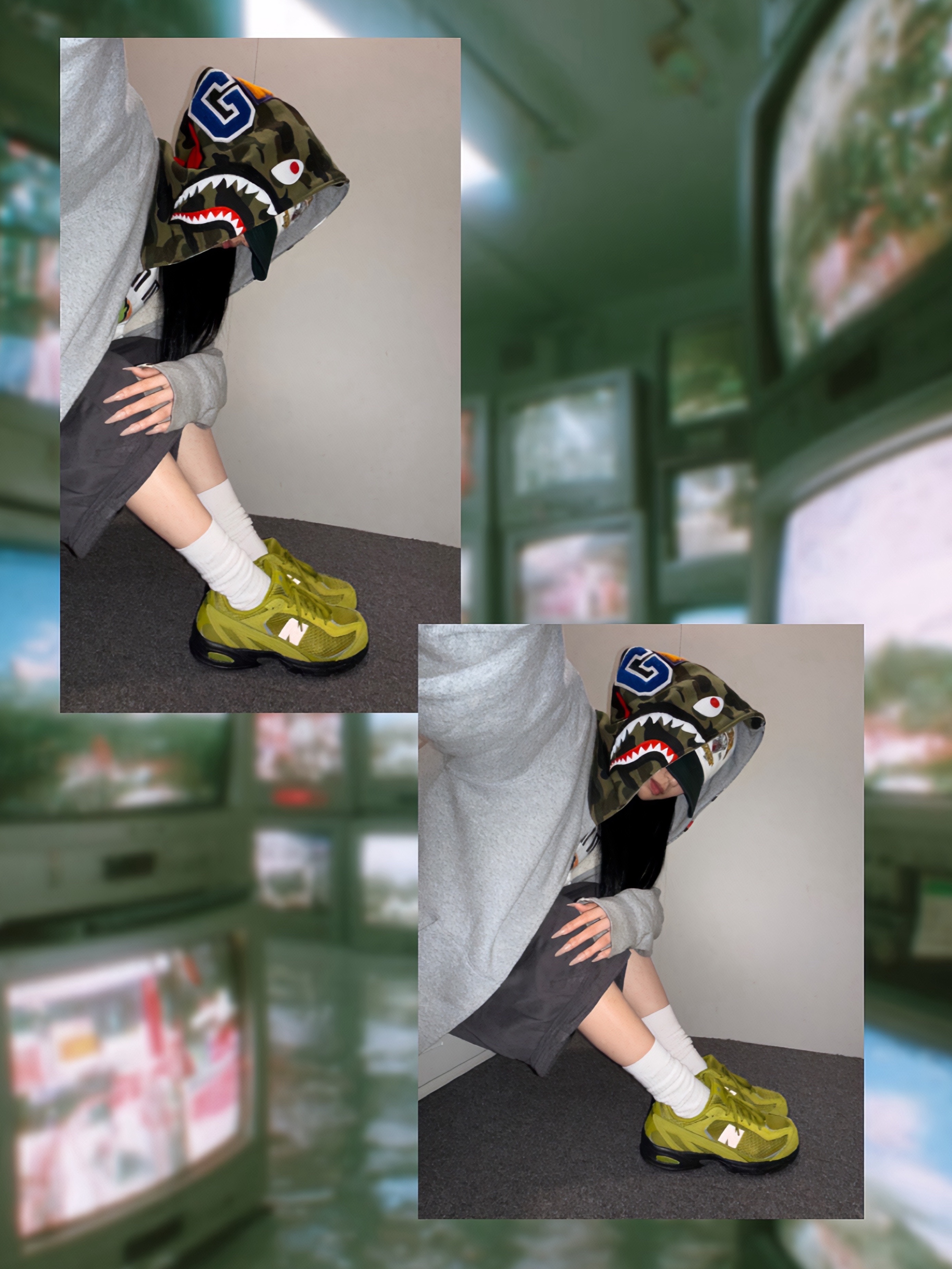 BAPE Shark Full Zip Double Hoodie Gray, New Balance 509 Sea Moss 착용 스타일 - 1
