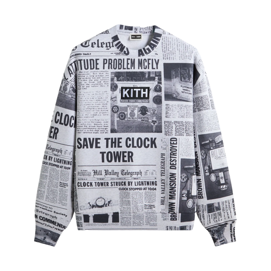 키스 x 백 투 퓨처 뉴스페이퍼 올오버 프린티드 넬슨 크루넥 라이트 헤더 그레이(Kith x Back To The Future Newspaper All-Over Printed Nelson Crewneck Light Heather Grey) - 1