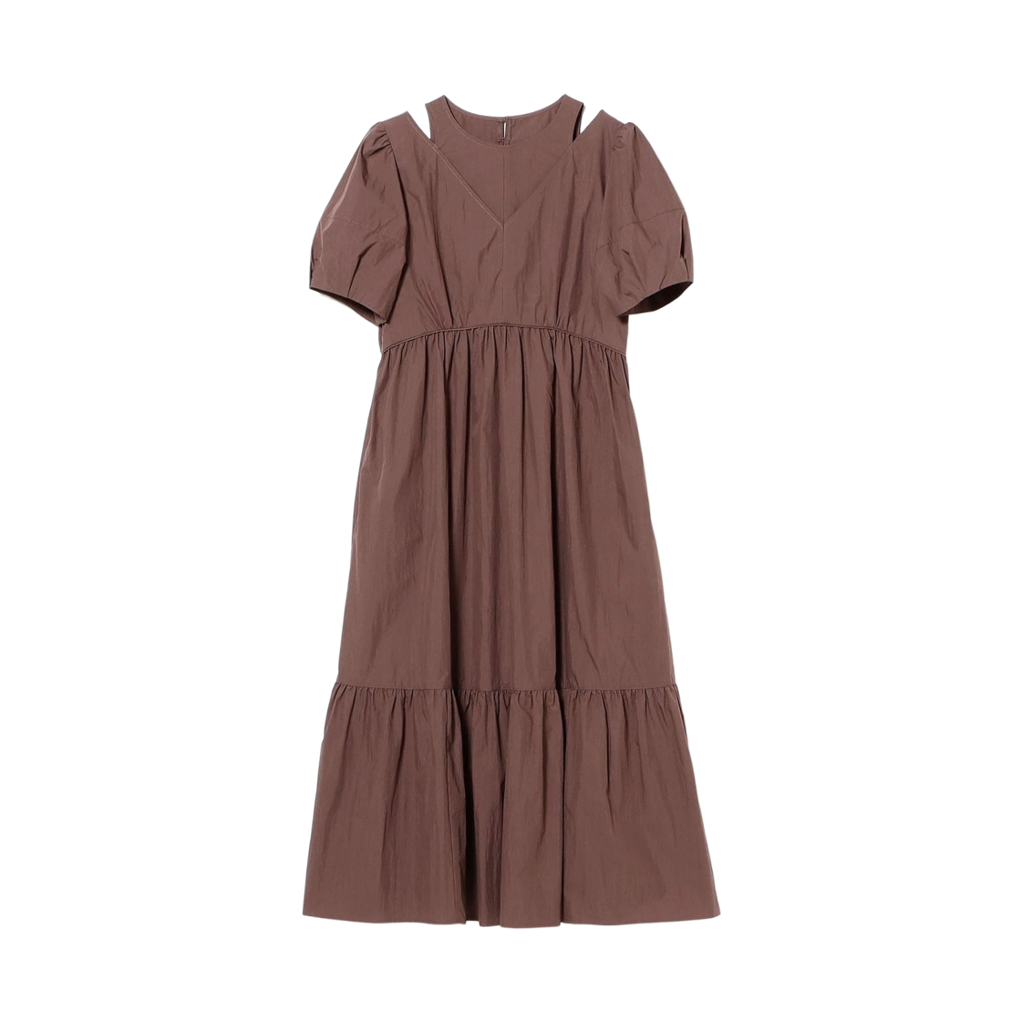 (W) 레이 빔즈 숄더 슬릿 드레스 브라운((W) Ray Beams Shoulder Slit Dress Brown)