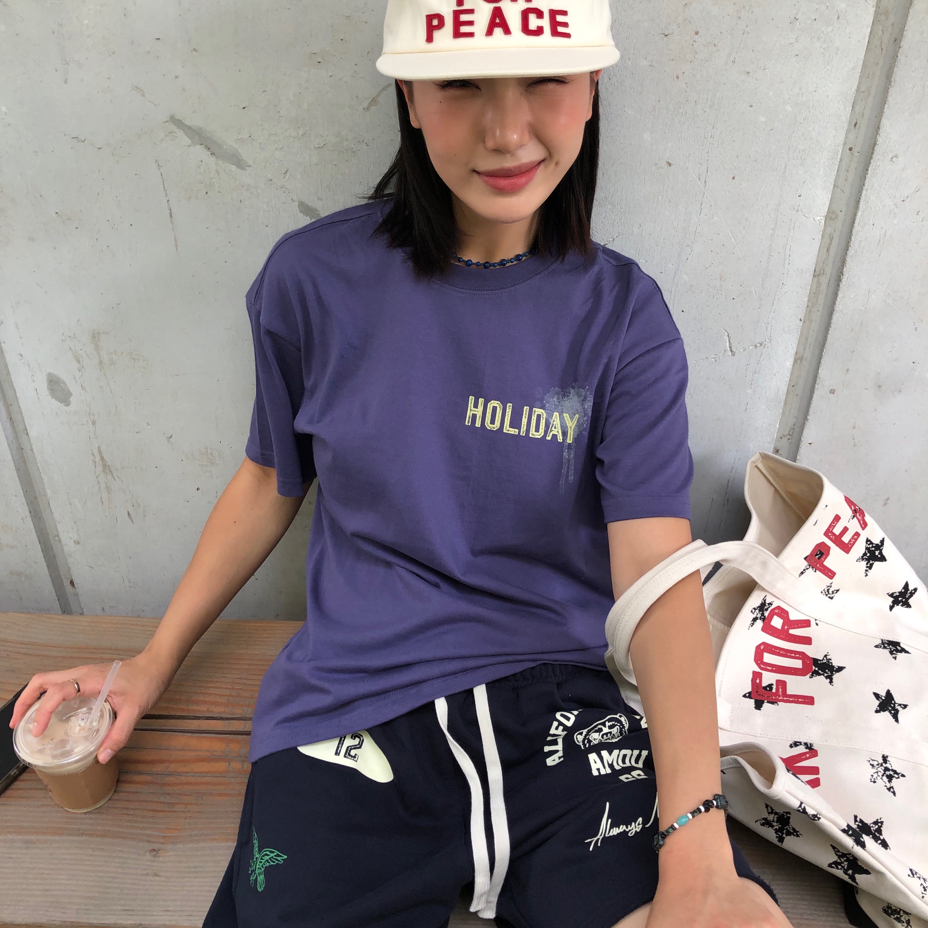 AMOU Work For Peace 5pannel Cap Ivory, AMOU Work For Peace 5pannel Cap Black 착용 스타일 - 4