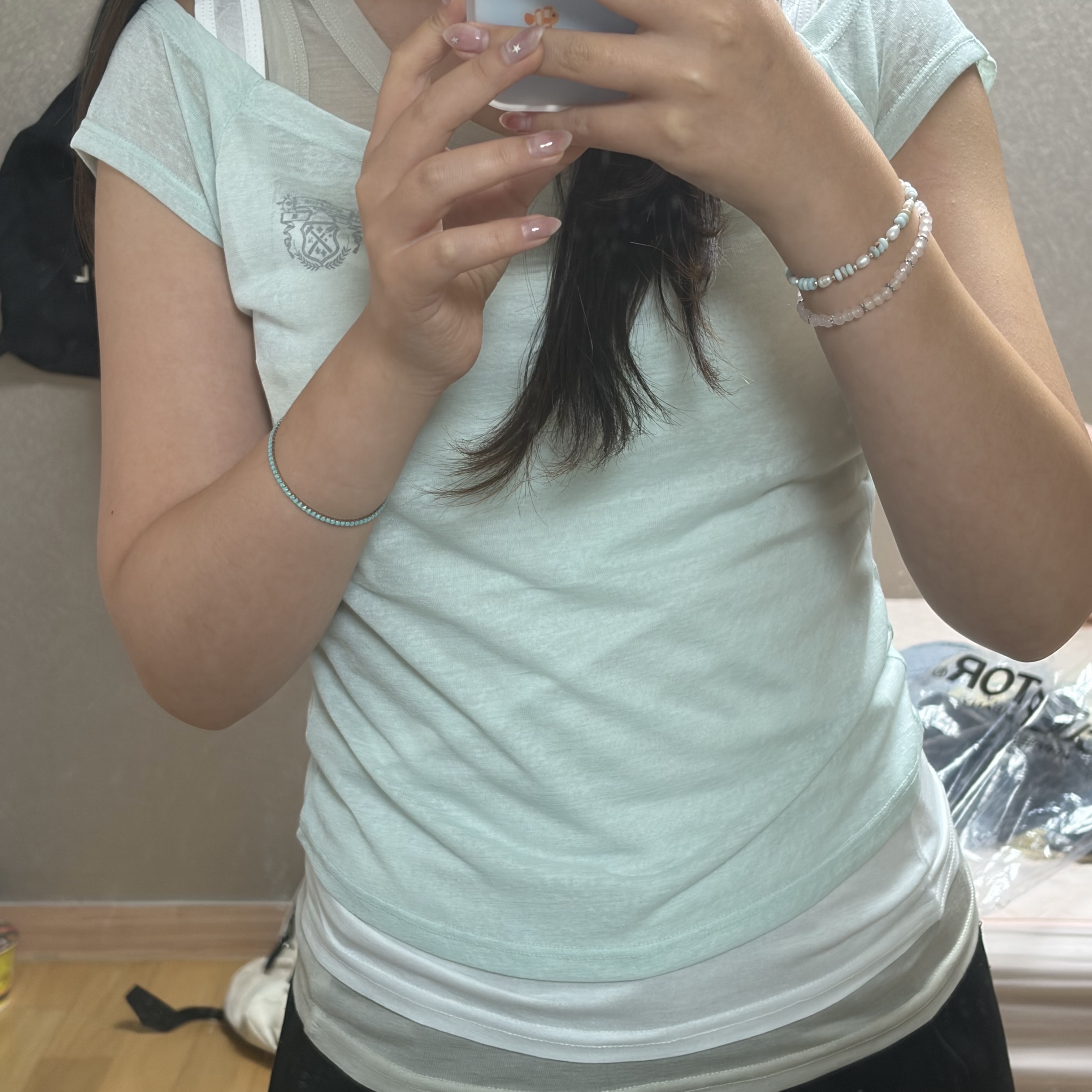 Sculptor Lazy Sleeveless Layered Tee Mint 착용 스타일 - 2