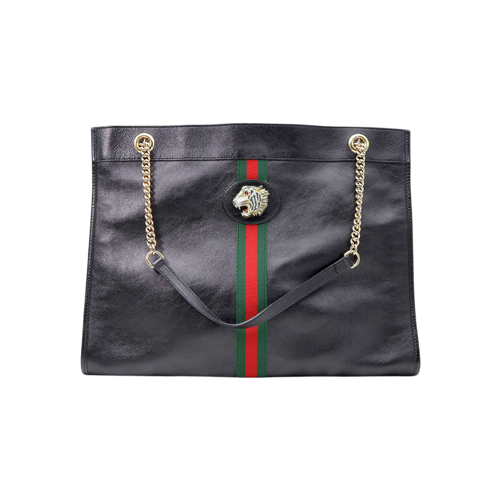 ITIPCCG6KT3J Gucci 537219 Black Calfskin Tiger Head WEB Large Shopper Shoulder Bag