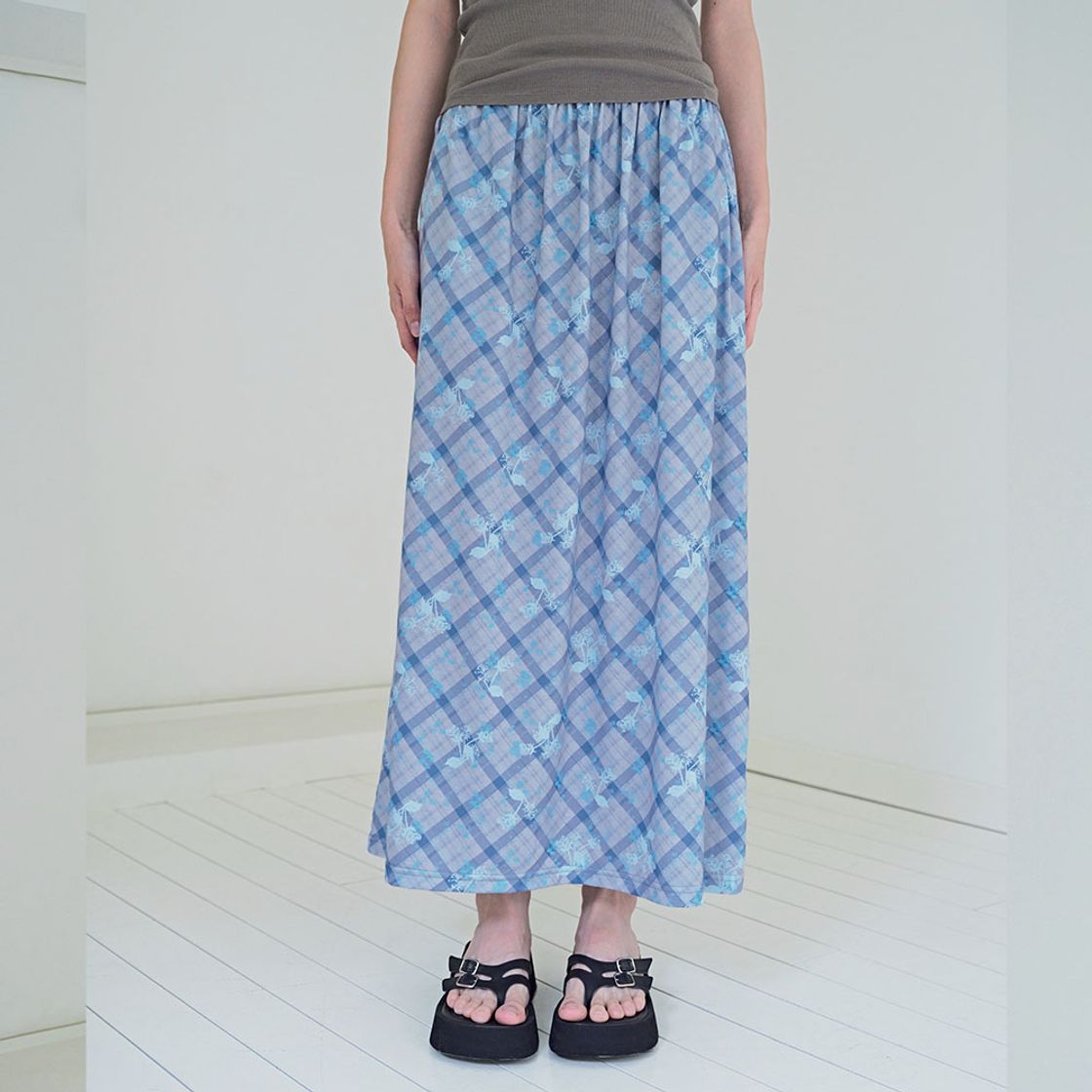 뮤즈무드 빈티지 체크 플라워 롱 스커트(Musemood Vintage Check Flower Long Skirt) - 2