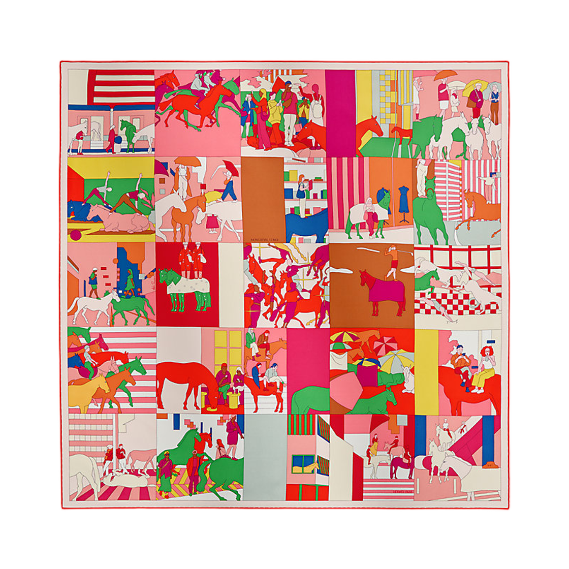 H004323S02 Hermes Mon Cheval Et Moi Scarf 90 Silk Twill & Rose John Biff Multicolor