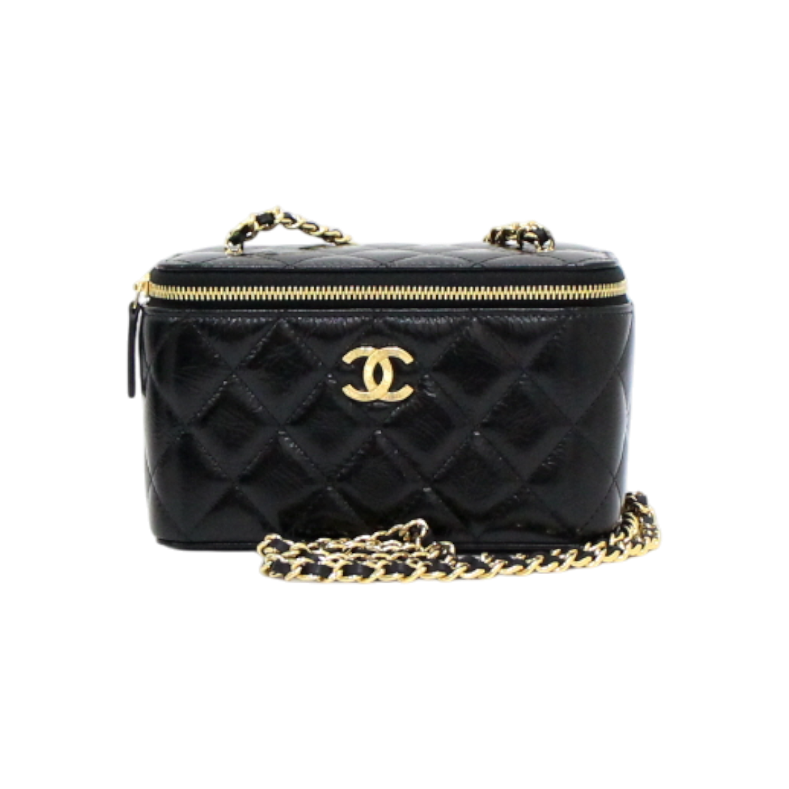 ITJLD2VCIS8B Chanel Black Shiny Calfskin Vanity Bag with Gold CC Chain Shoulder and Crossbody Strap