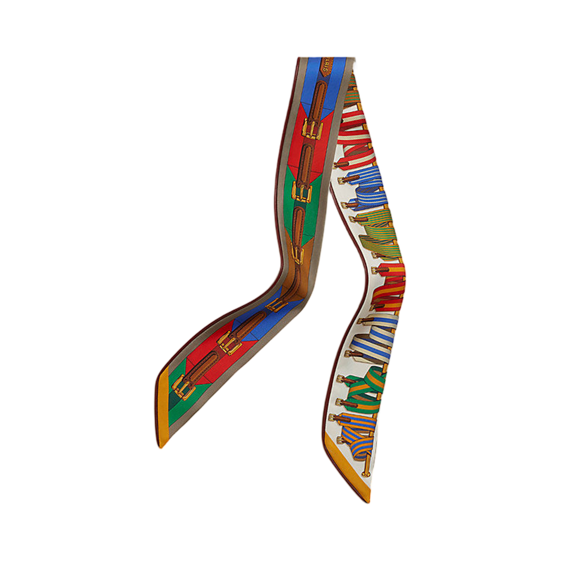 H064224S01 Hermes Twilly Forever Straps Silk & Honey Green Red Multicolor