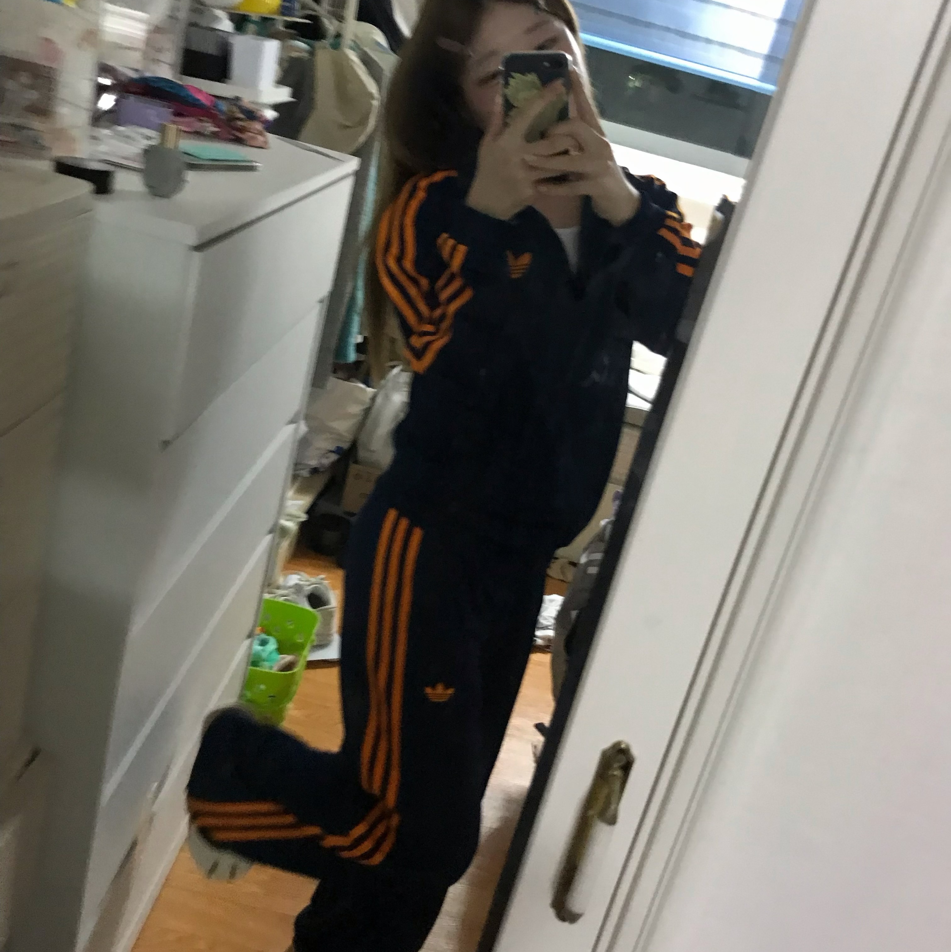 (W) Adidas Adicolor Classic Firebird Loose Track Pants Night Indigo Crew Orange - KR Sizing 착용 스타일