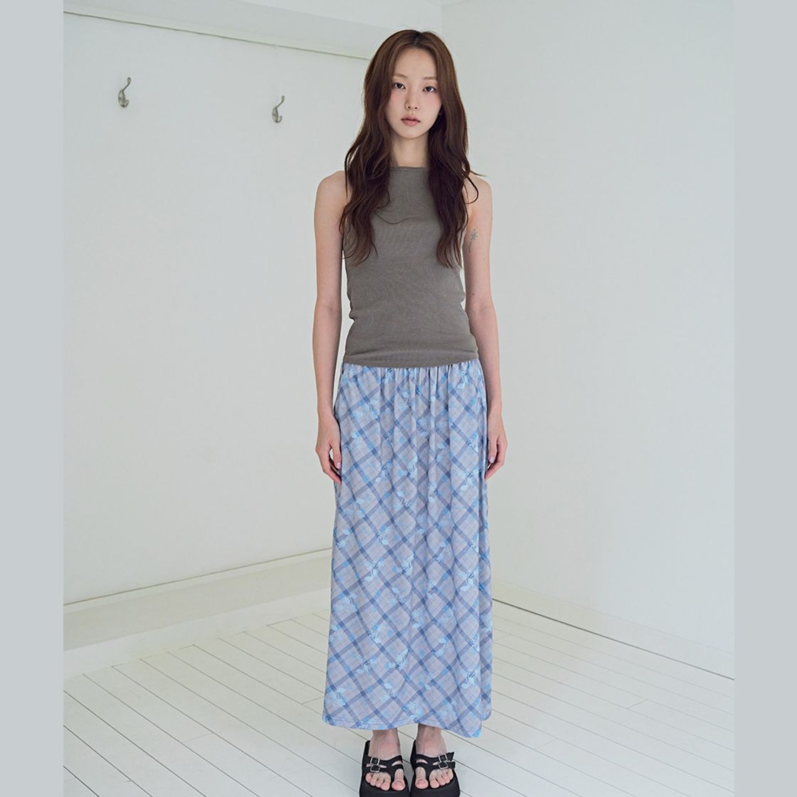 뮤즈무드 빈티지 체크 플라워 롱 스커트(Musemood Vintage Check Flower Long Skirt) - 6