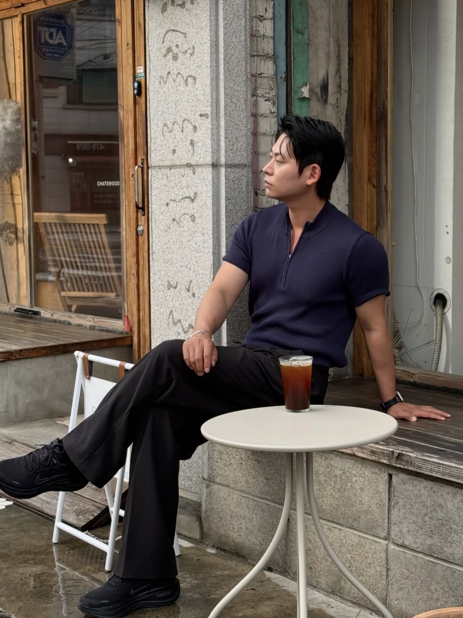 PHOS333 M Slim Fit Half Zip Knit Navy 착용 스타일 - 3
