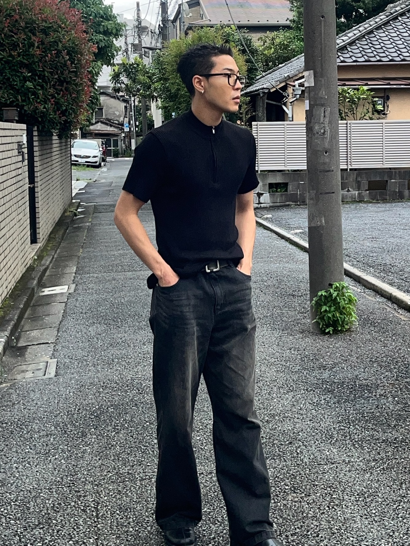 PHOS333 M Slim Fit Half Zip Knit Black 착용 스타일 - 4