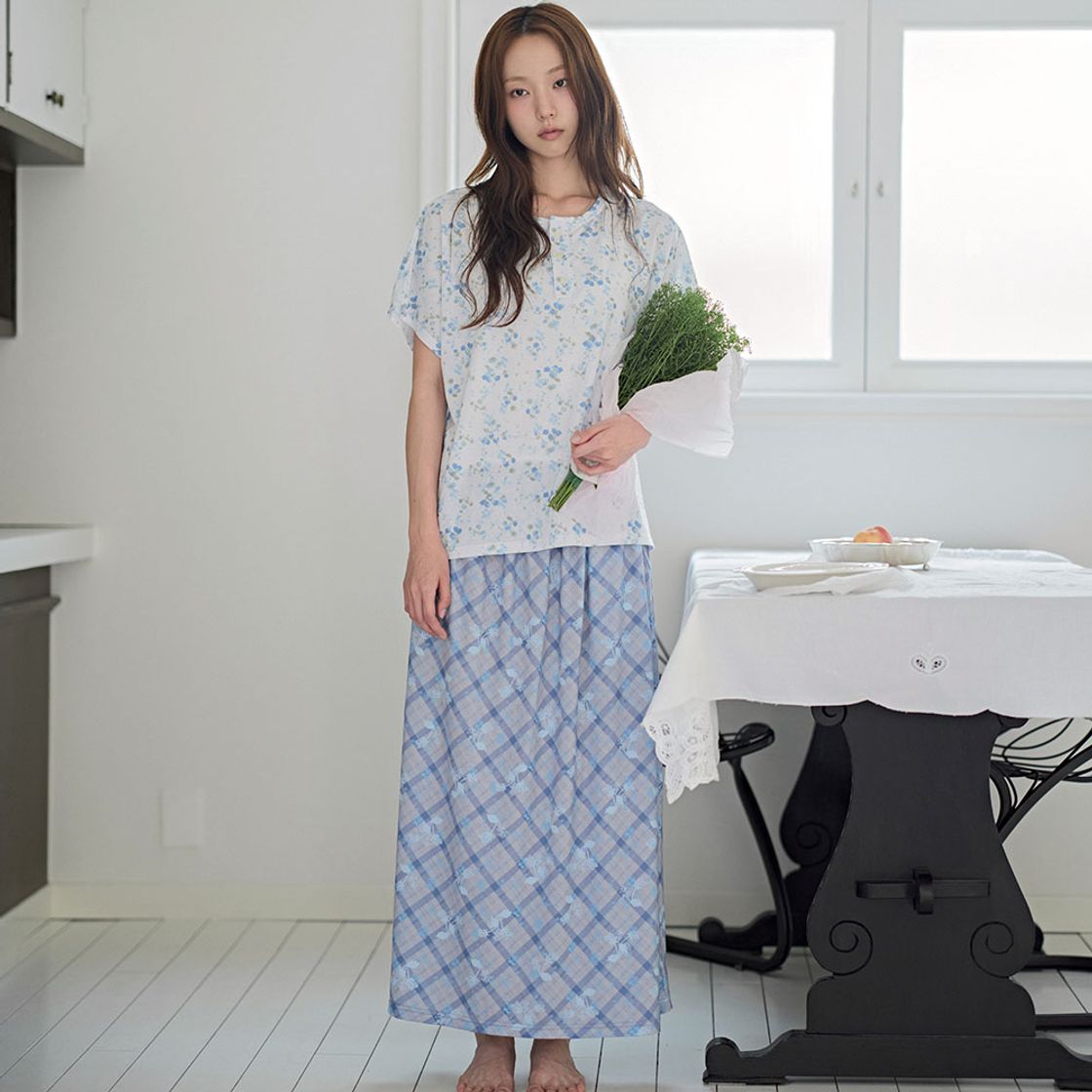 뮤즈무드 빈티지 체크 플라워 롱 스커트(Musemood Vintage Check Flower Long Skirt) - 4