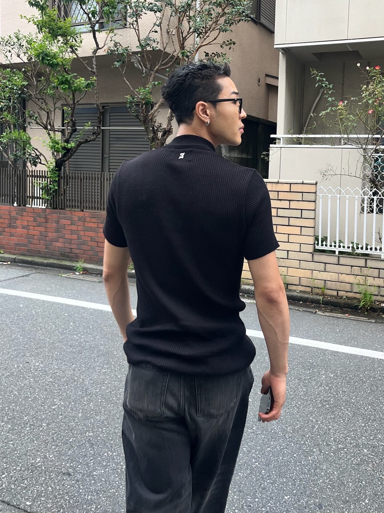 PHOS333 M Slim Fit Half Zip Knit Black 착용 스타일 - 7