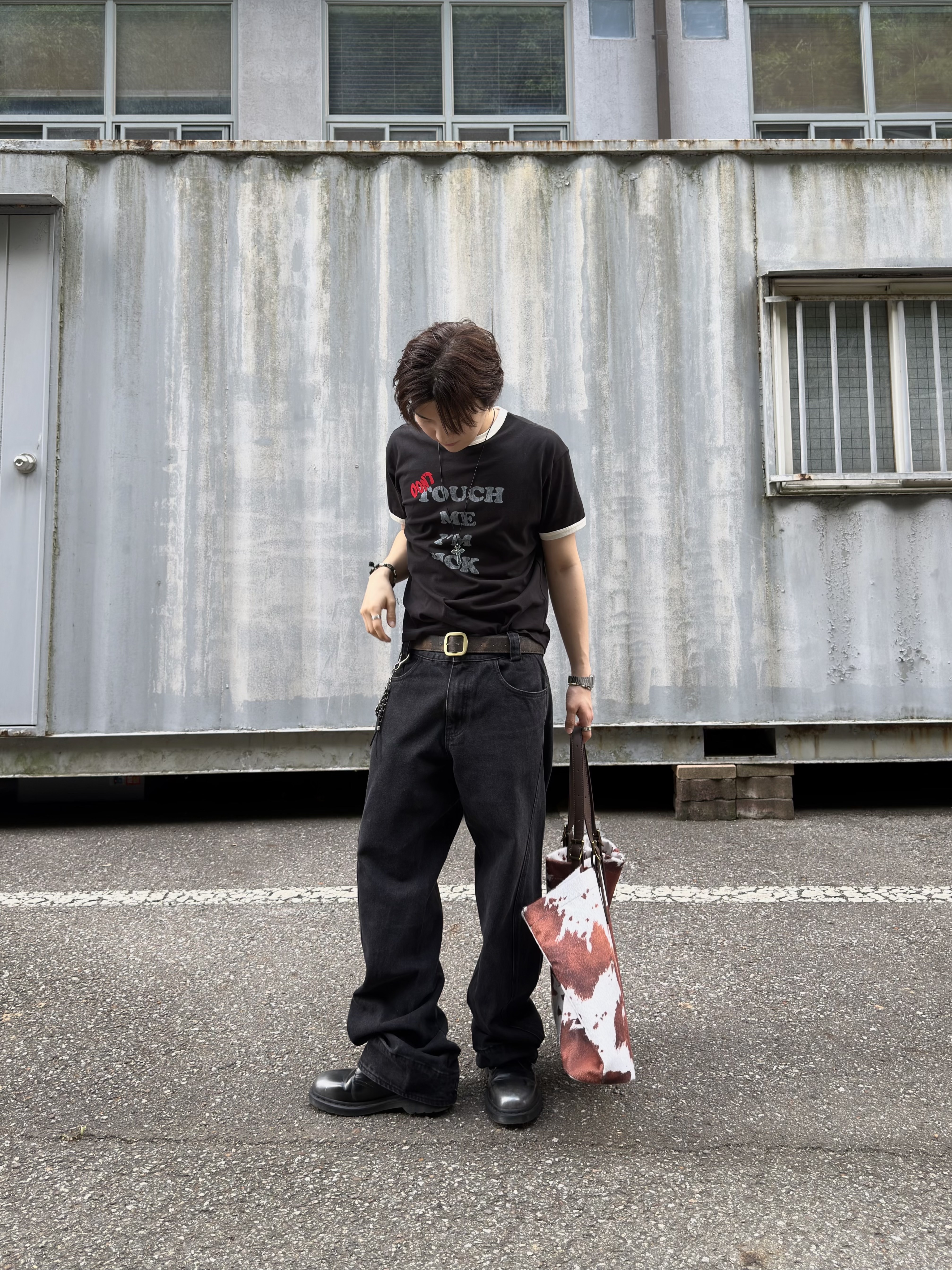 Plastic Product MPa Drift Denim Pants Grey, Undermycar MU.128 Original Logo Cracked Leather Belt Gold / Brown 착용 스타일 - 4
