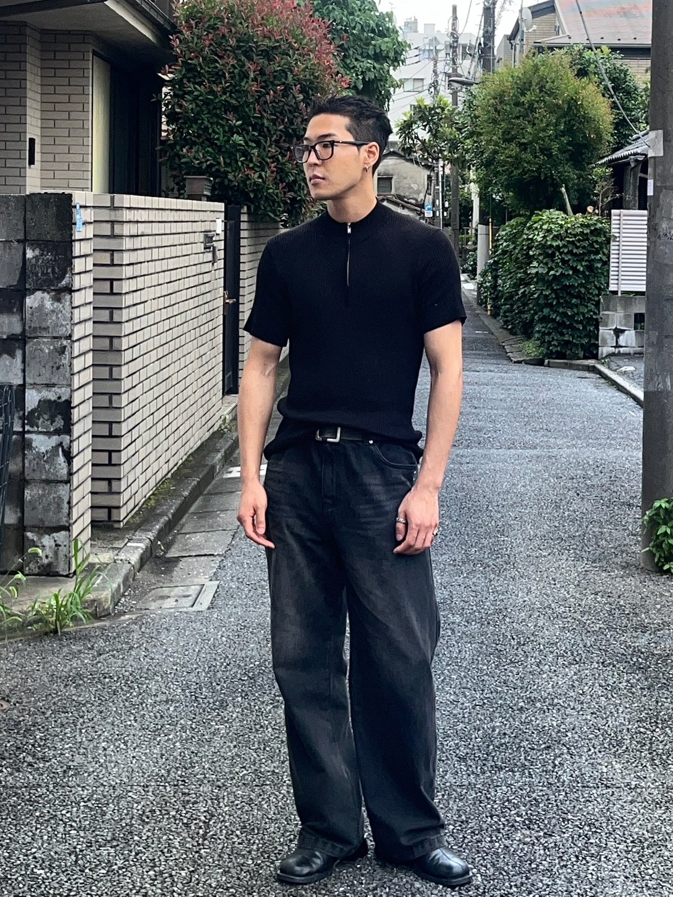 PHOS333 M Slim Fit Half Zip Knit Black 착용 스타일 - 3