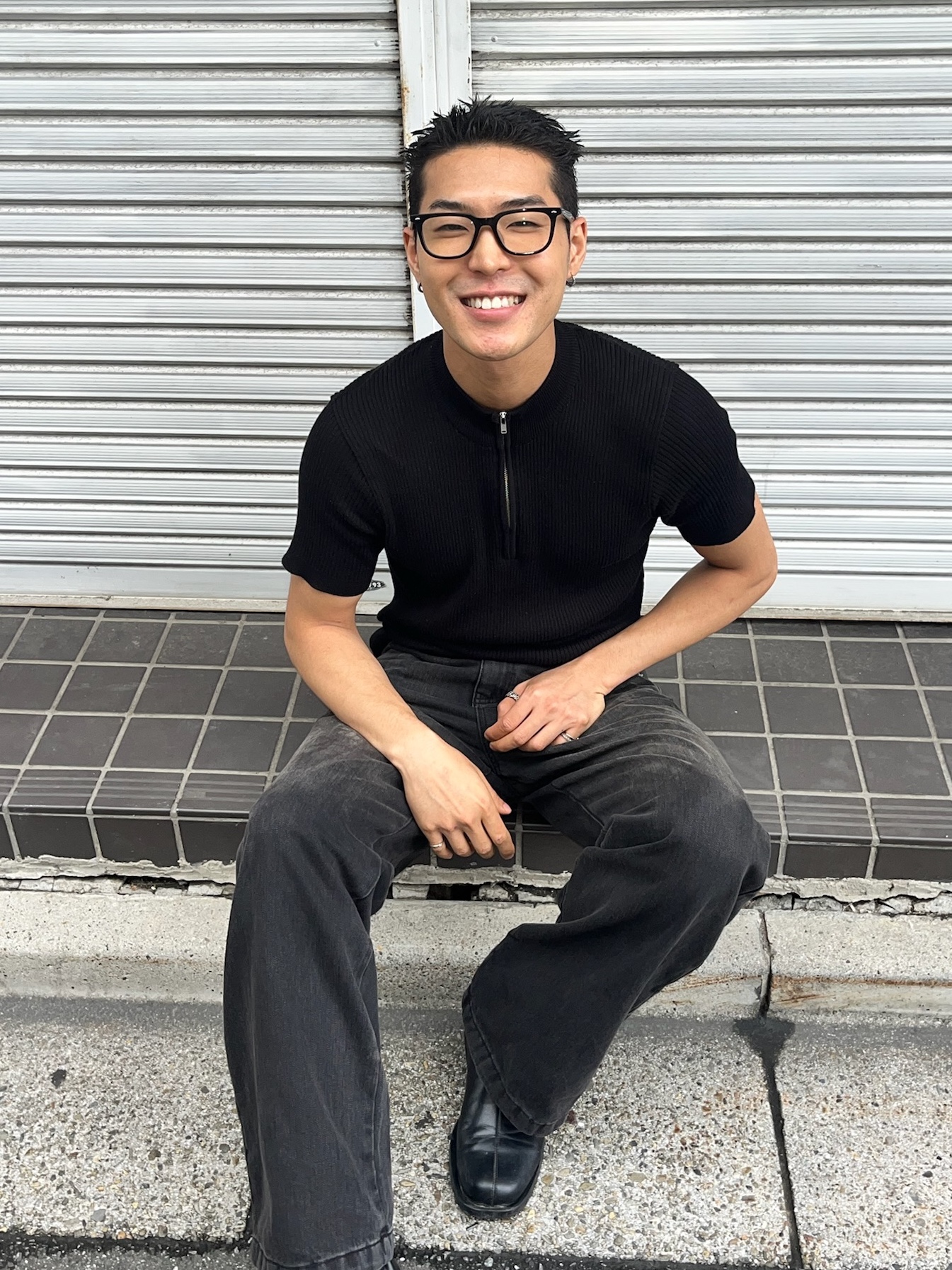 PHOS333 M Slim Fit Half Zip Knit Black 착용 스타일 - 5
