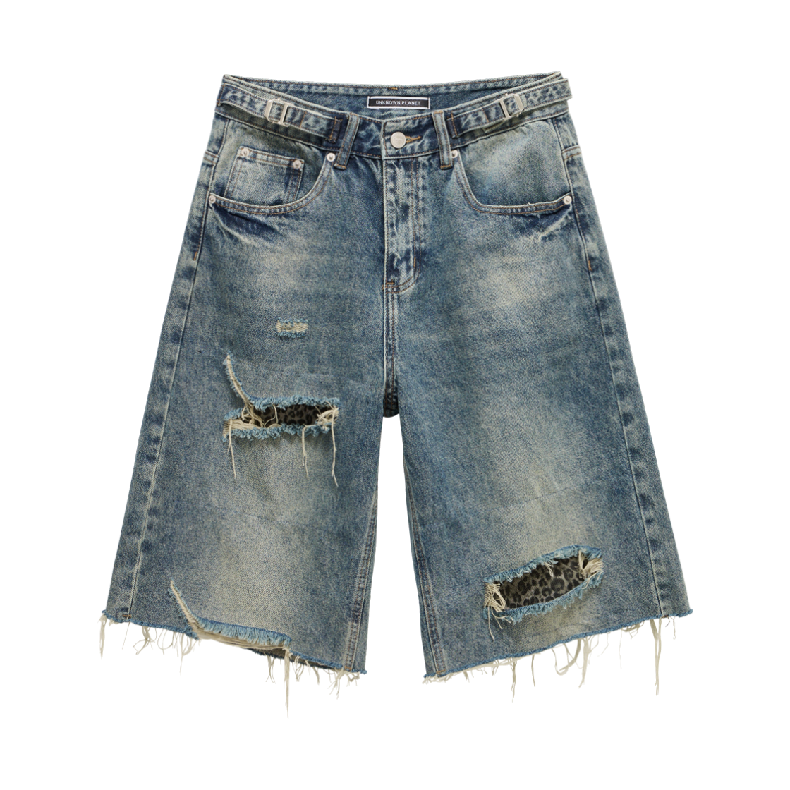 언노운플라넷 레오파드 패치 디스 데님 하프 팬츠 블루(UNKNOWN PLANET Leopard Patch Distressed Denim Half Pants Blue)