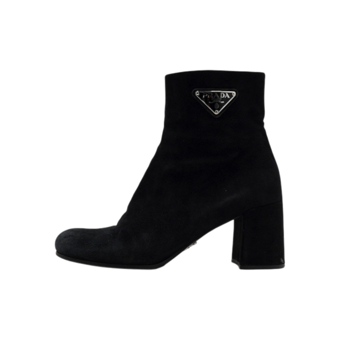 IT245KF2QAAK Prada Black Suede Leather Silver Triangle Logo Zip Ankle Boots