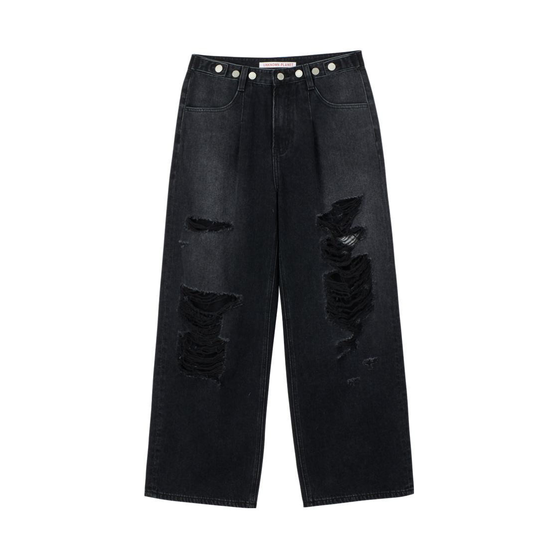 언노운플라넷 커스텀 원턱 디스트로이드 와이드 데님 팬츠 블랙(UNKNOWN PLANET Custom One-Tuck Distressed Wide Denim Pants Black)