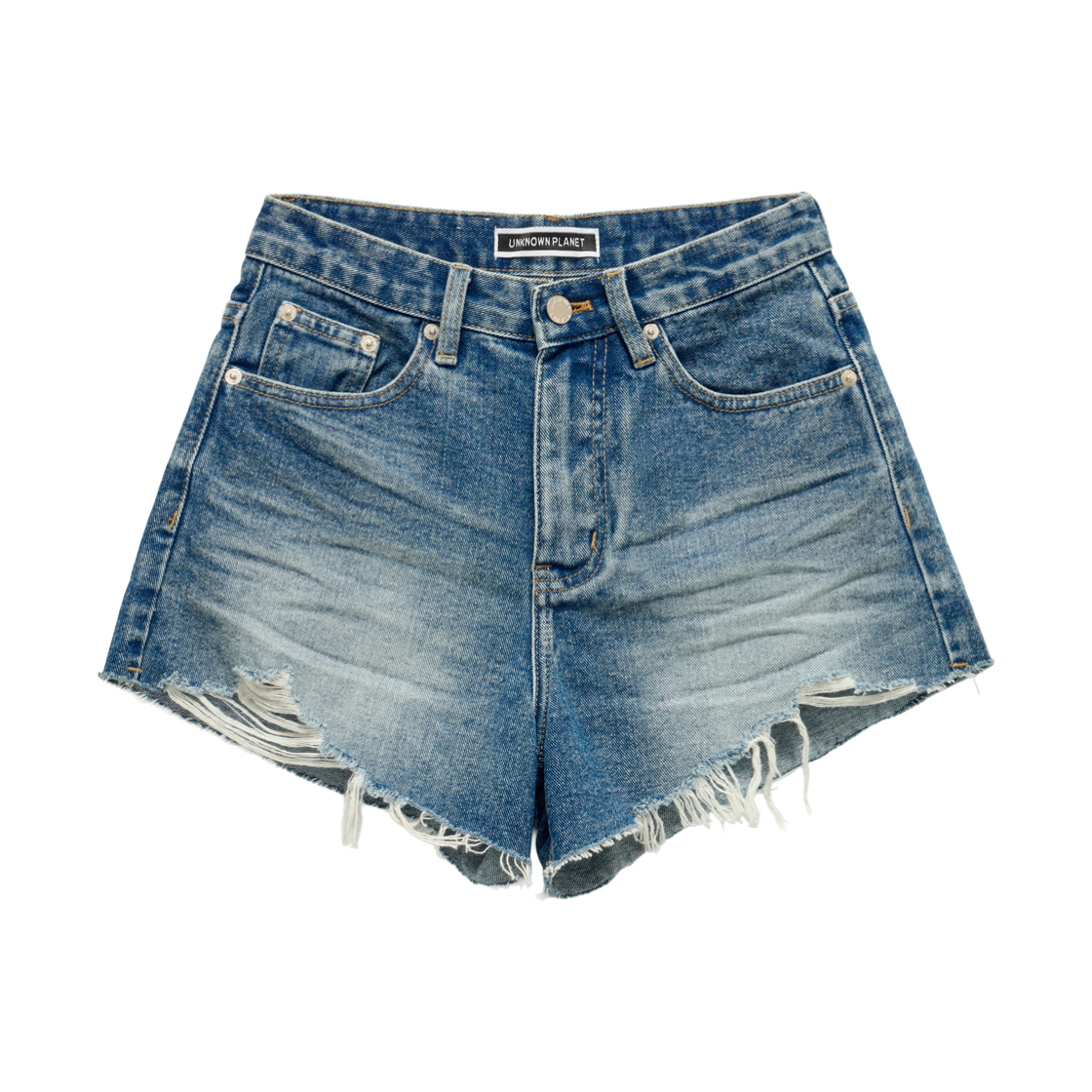 언노운플라넷 빈티지 데미지 컷오프 쇼츠 블루(UNKNOWN PLANET Vintage distressed cutoff shorts blue)