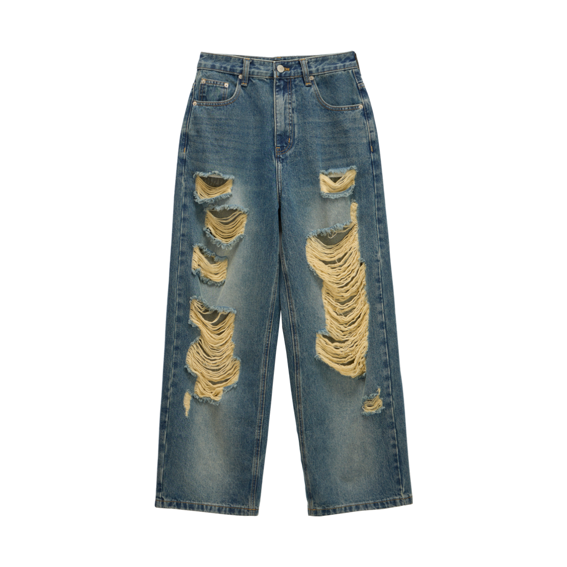 언노운플라넷 디스트로이드 와이드 데님 팬츠 샌드블루(UNKNOWN PLANET Distressed wide denim pants sand blue)