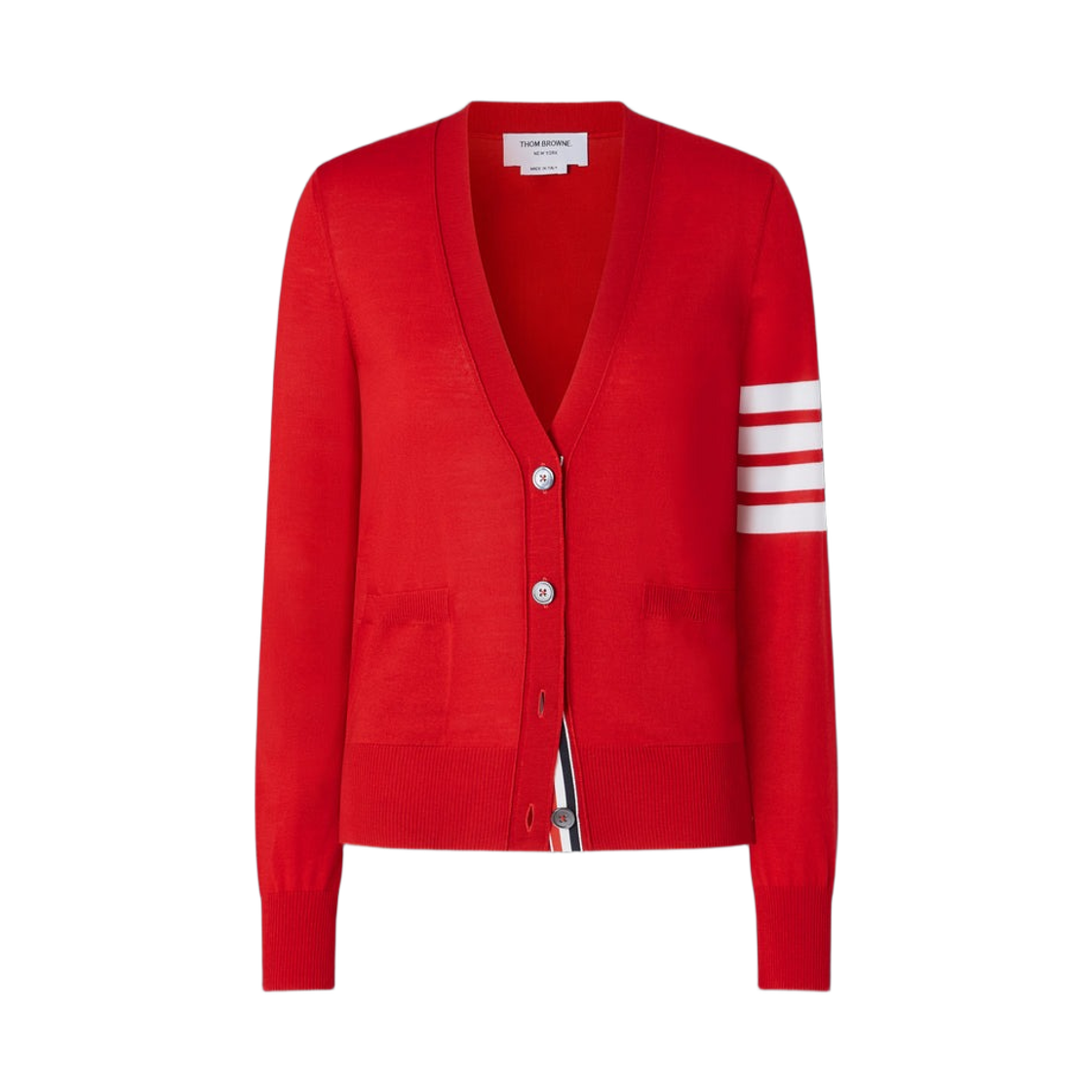 FKC334A-Y1014-600 (W) Thom Browne Fine Merino Wool 4-Bar Relaxed Fit Cardigan Red