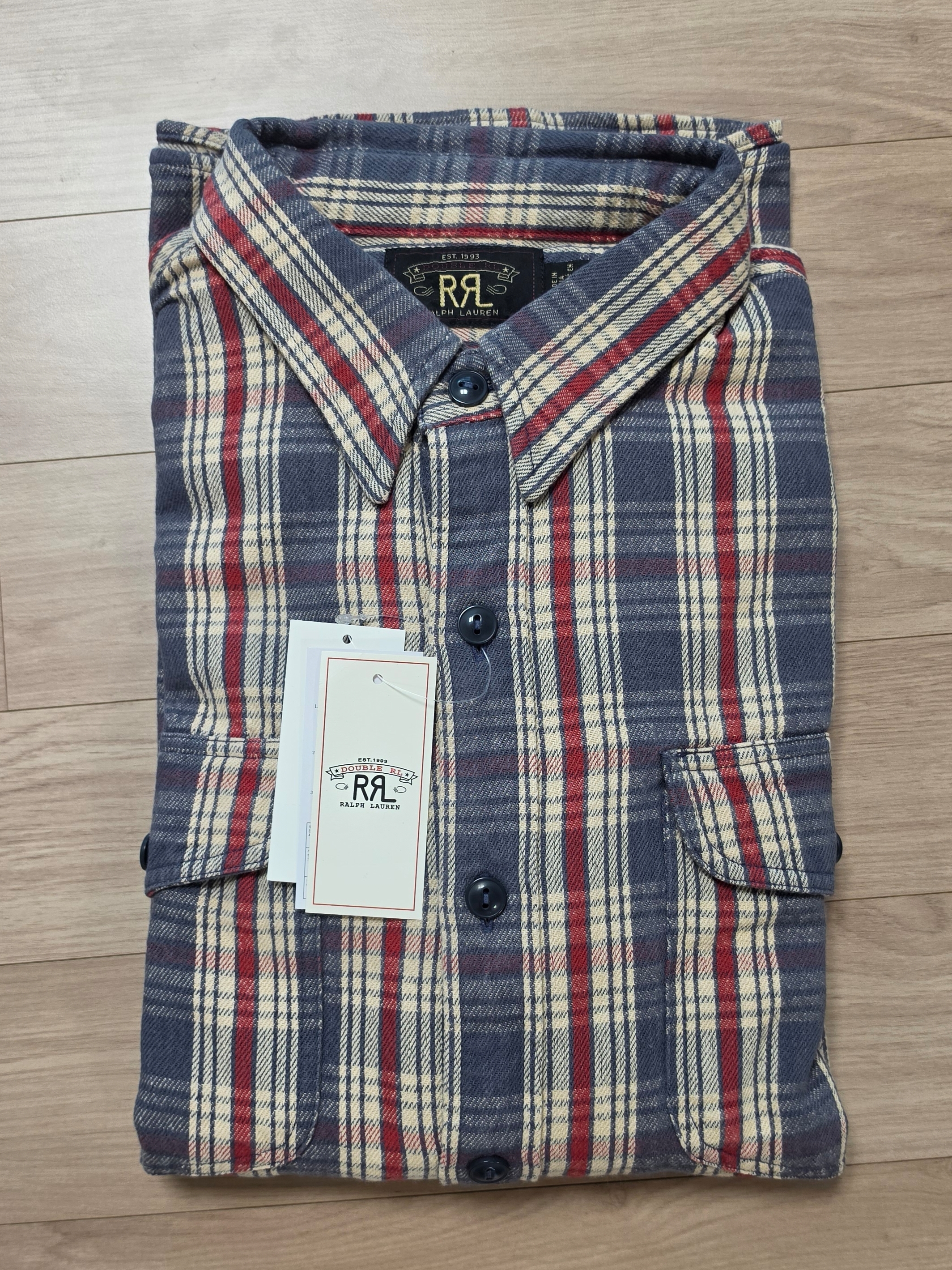 Double RL Plaid Twill Workshirt Blue Cream Red 착용 스타일