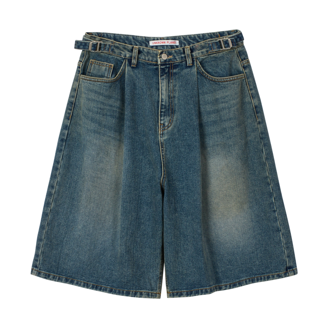 언노운플라넷 딥라이즈 사이드 버클 핀턱 버뮤다 데님 블루(UNKNOWN PLANET Deep Rise Side Buckle Pintuck Bermuda Denim Blue)
