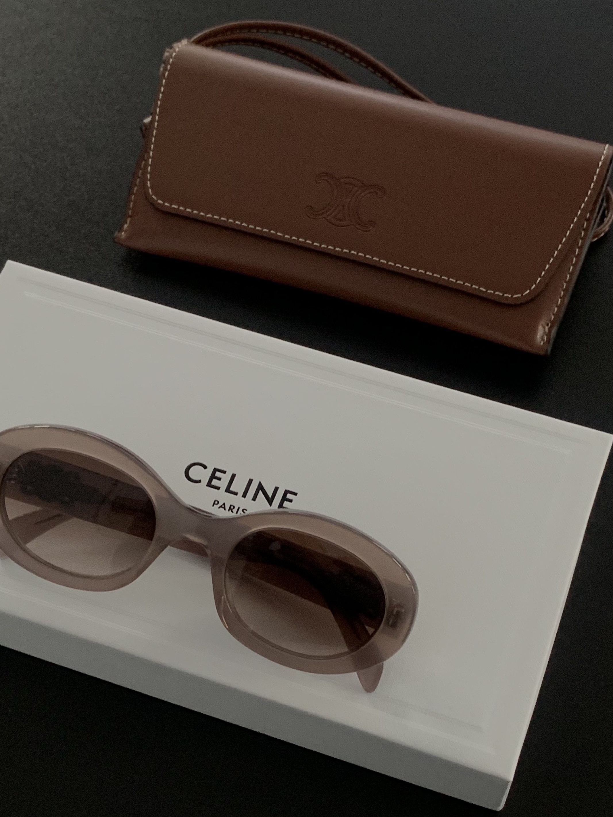 (W) Celine Triomphe 01 Sunglasses in Acetate Milky Hazelnut 착용 스타일 - 2