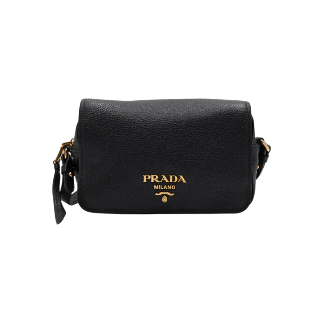 ITEF2632M5LR Prada Vitello Phenix Black Leather Gold Logo Flap Shoulder and Crossbody Bag