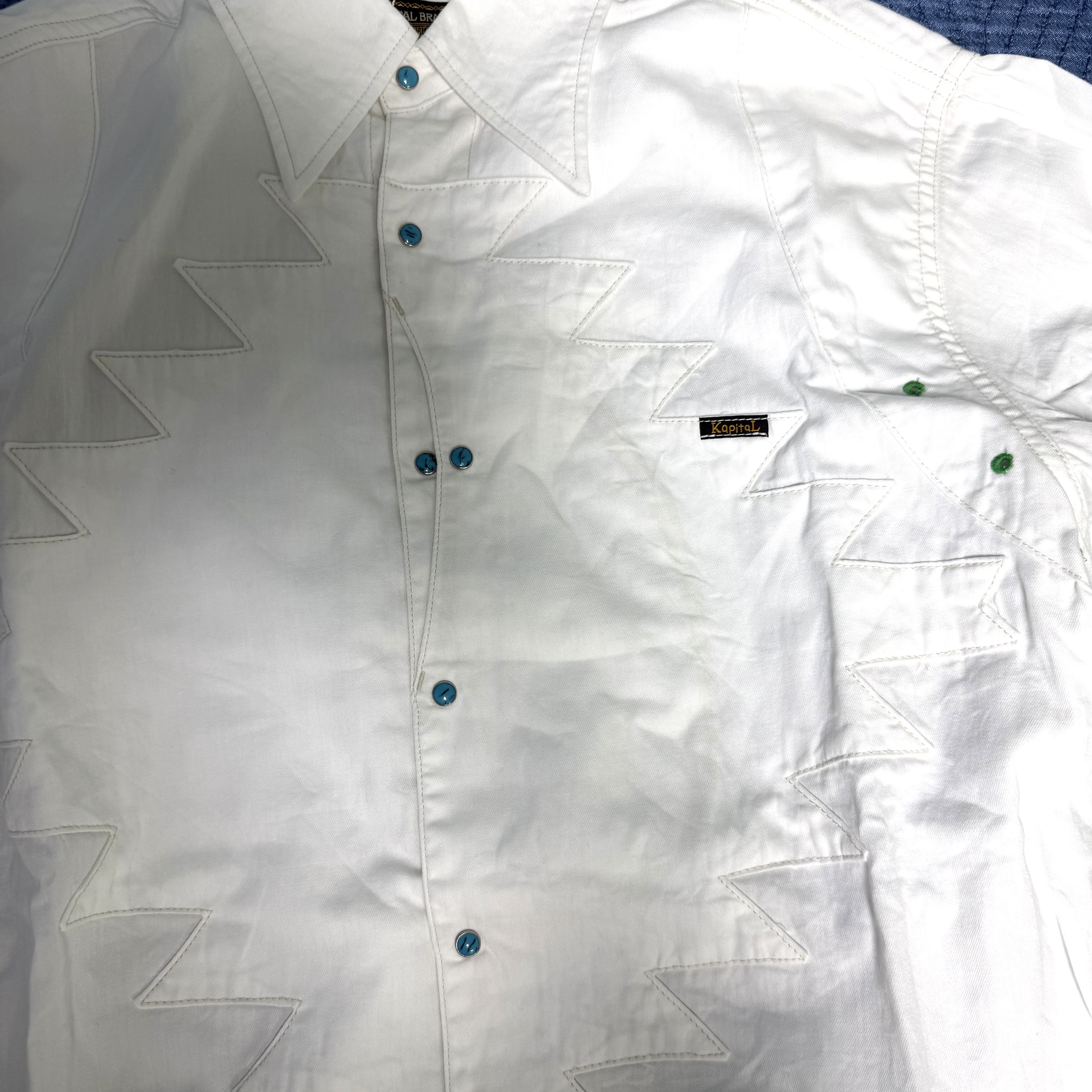Kapital 5.5 oz. White Denim Thunderbird Husky Western Shirt White 착용 스타일 - 2
