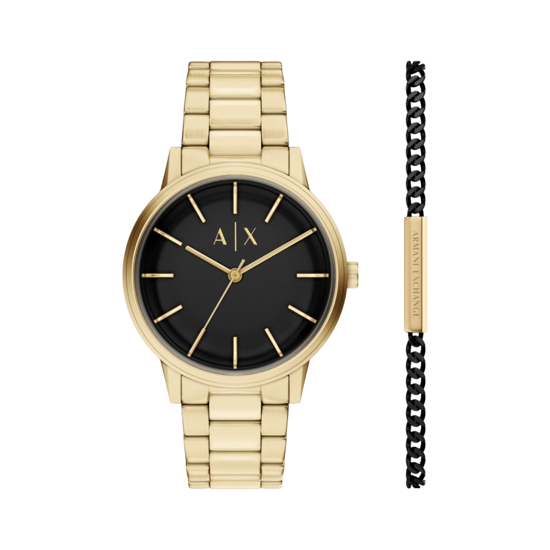 아르마니 익스체인지 쿼츠 42mm 스테인리스 스틸 브레이슬릿 세트 블랙 골드(Armani Exchange Quartz 42mm Stainless Steel Bracelet Set Black Gold)