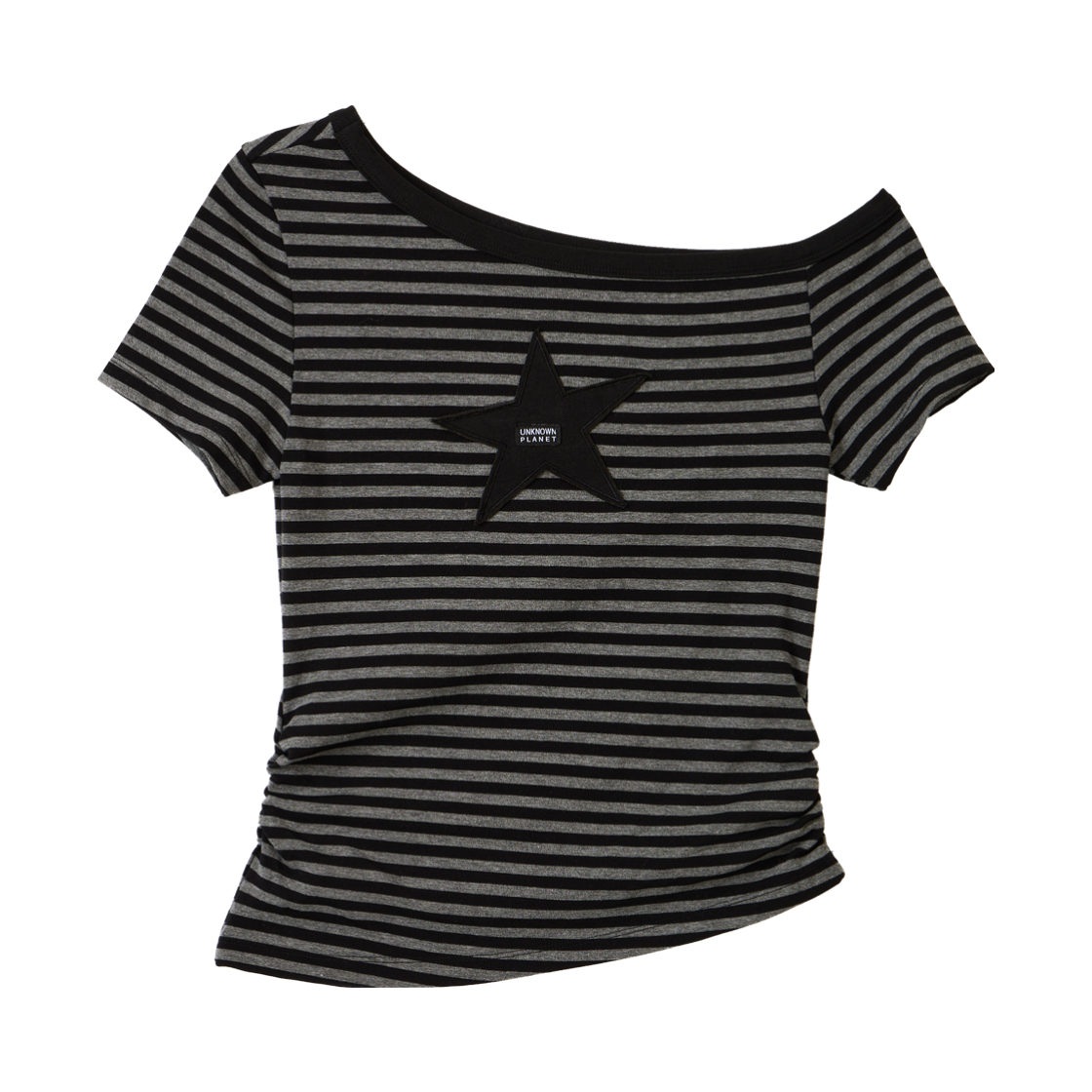 언노운플라넷 오프숄더 스타 스트라이프 슬림 티셔츠(UNKNOWN PLANET Off-shoulder star stripe slim t-shirt)