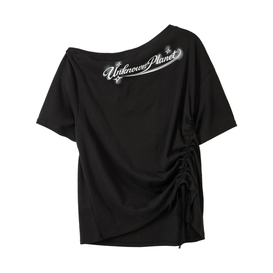 언노운플라넷 사이드 스트링 오프숄더 그래픽 티셔츠 블랙(UNKNOWN PLANET Side String Off-Shoulder Graphic T-Shirt Black) - 1